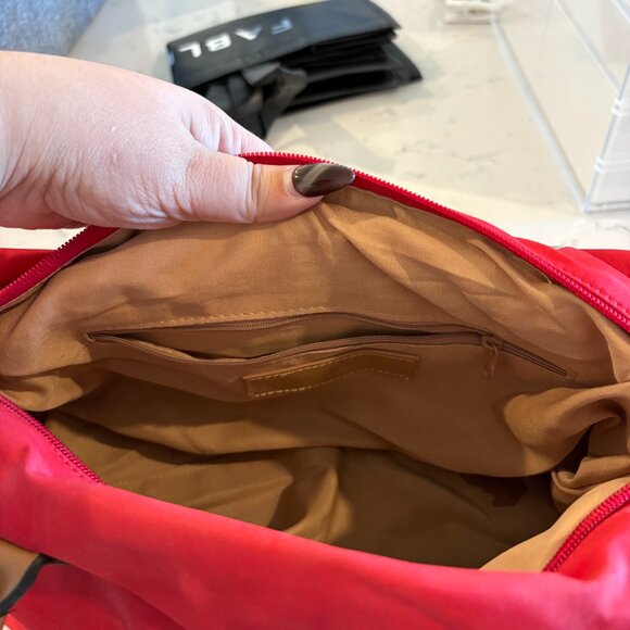 Red Nylon Shoulder Bag Tan Faux Leather Handles Classic Everyday Purse - Picture 8 of 10